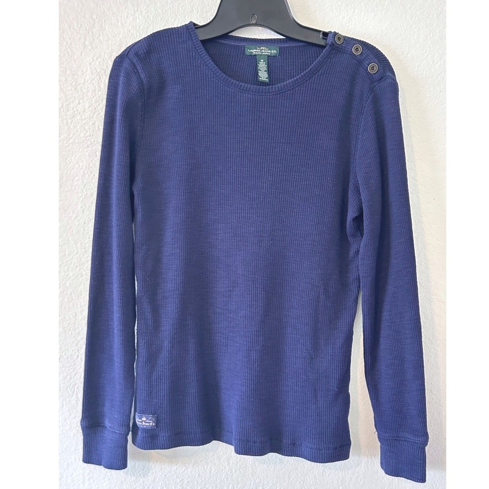 Lauren Ralph Lauren Navy Blue Waffle Knit Button Shoulder Long Sleeve Top SZ M